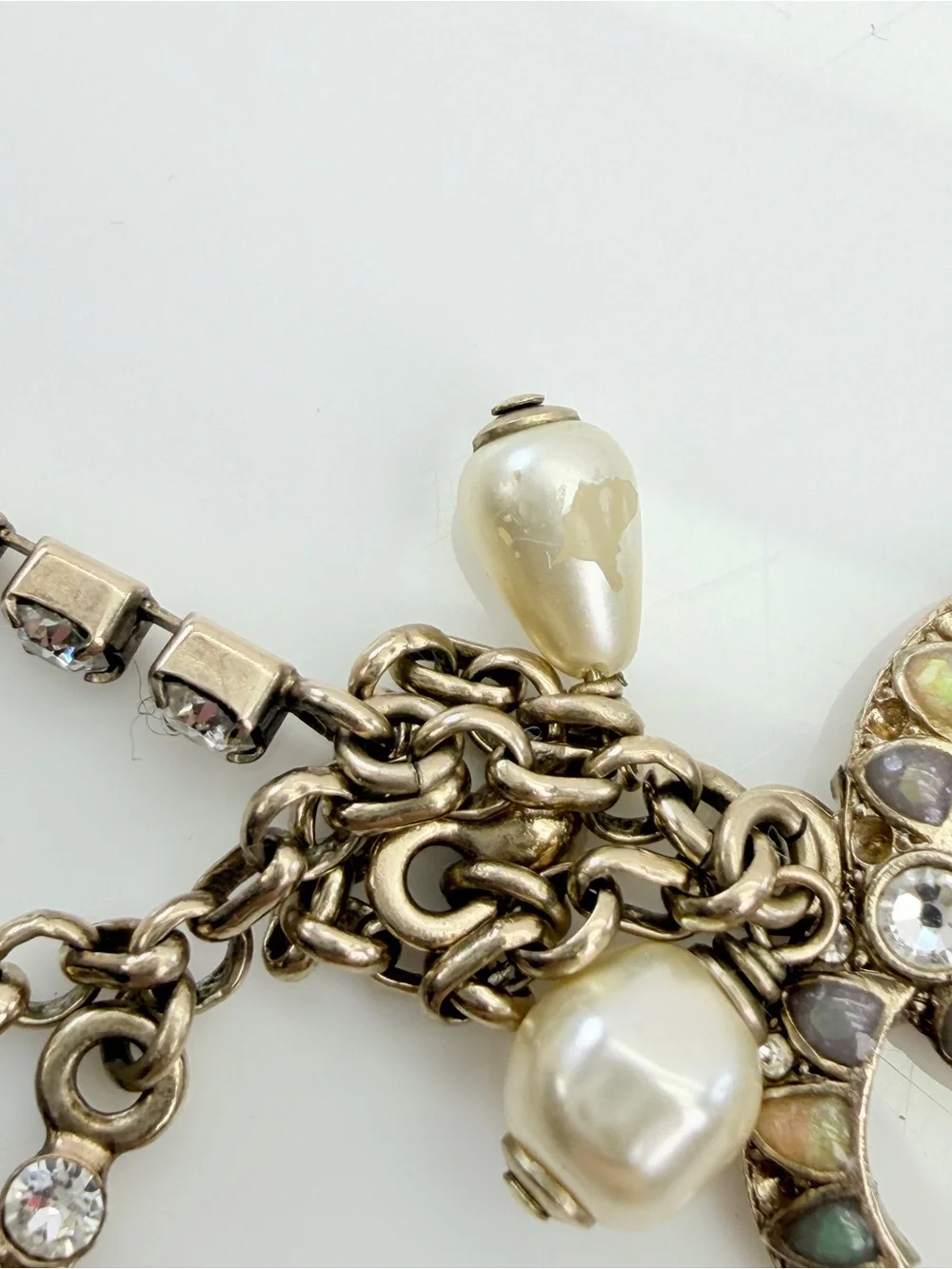 Chanel Classic Gold CC Iridescent Bead Pearl Dangle Chain Necklace